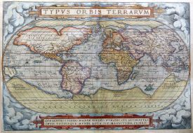 Color version of Abraham Ortelius’ Typus Orbis Terrarum, a map inserted into the first edition of Richard Hakluyt’s The Principal Navigations (1589)