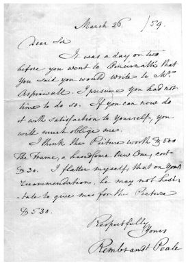 letter hand written by Rembrandt Peale - Embury collection